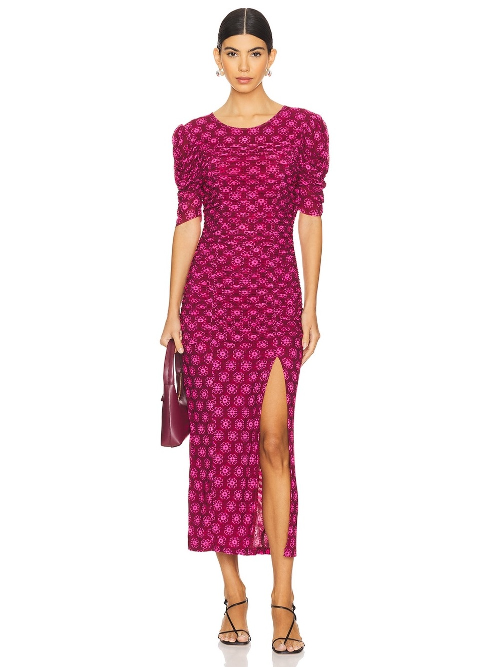 Free People Briella Ruched Pink Floral Midi Side Split Dress